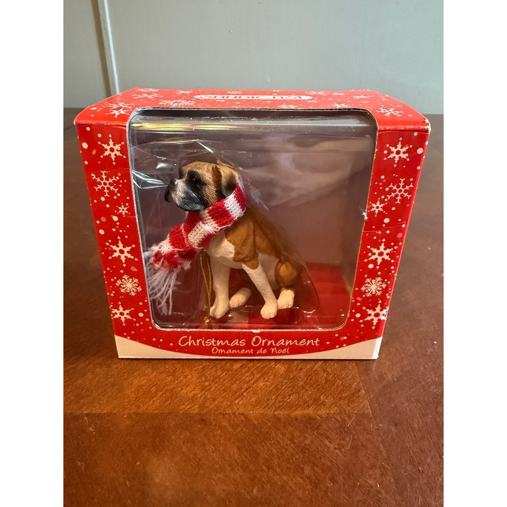 Sandicast Boxer Dog Christmas Ornament Fawn with Red White Scarf